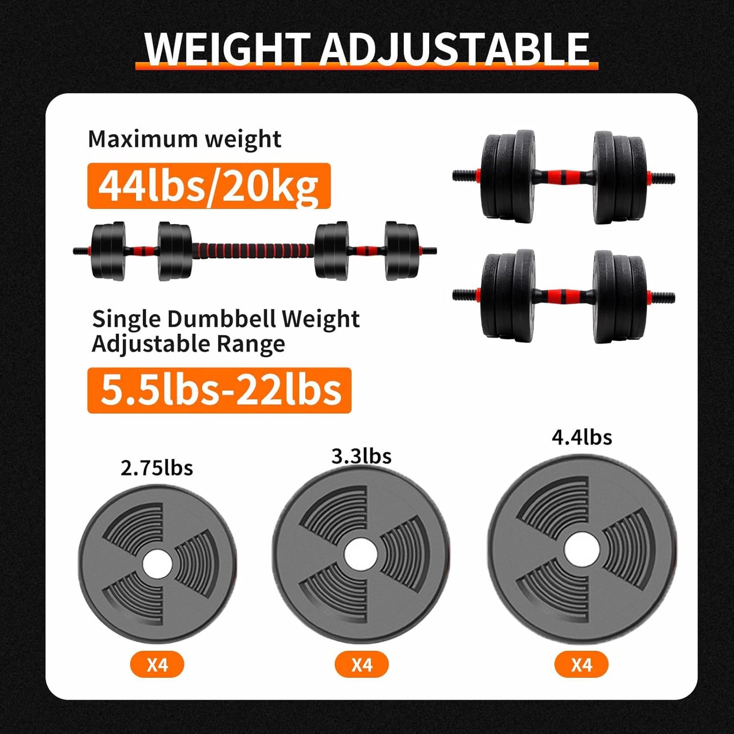 5-44lbs Adjustable Dumbbell to Barbell Set Home Gym