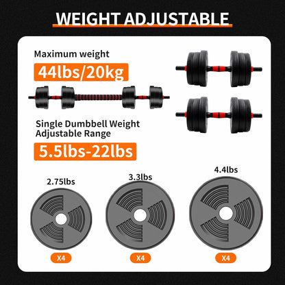 5-44lbs Adjustable Dumbbell to Barbell Set Home Gym