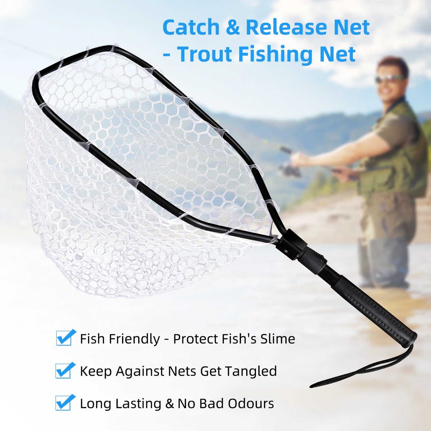 Foldable Fishing Net For Trout Soft Rubber Handle