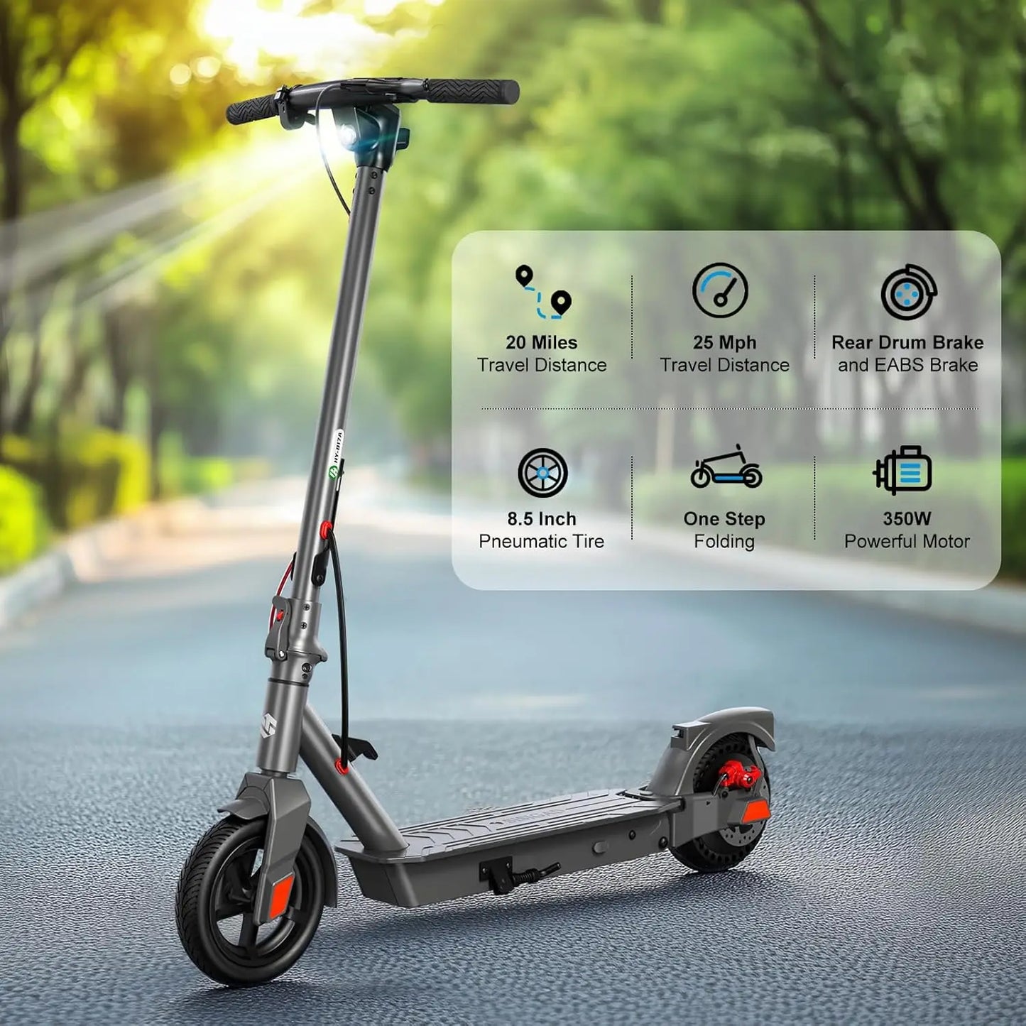 Electric Scooter: 500W motor, top speed 25MPH, range 20 miles, 8.5"" tires.