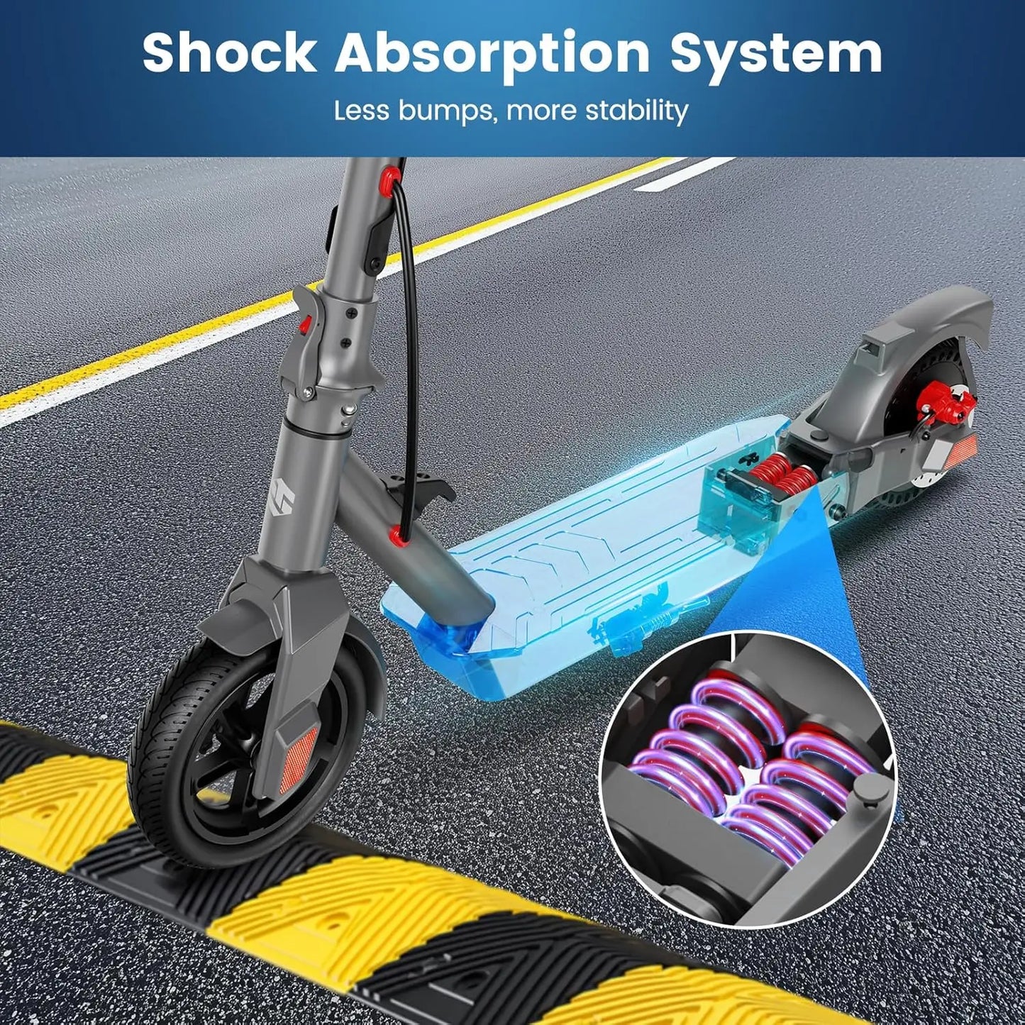 Electric Scooter: 500W motor, top speed 25MPH, range 20 miles, 8.5"" tires.