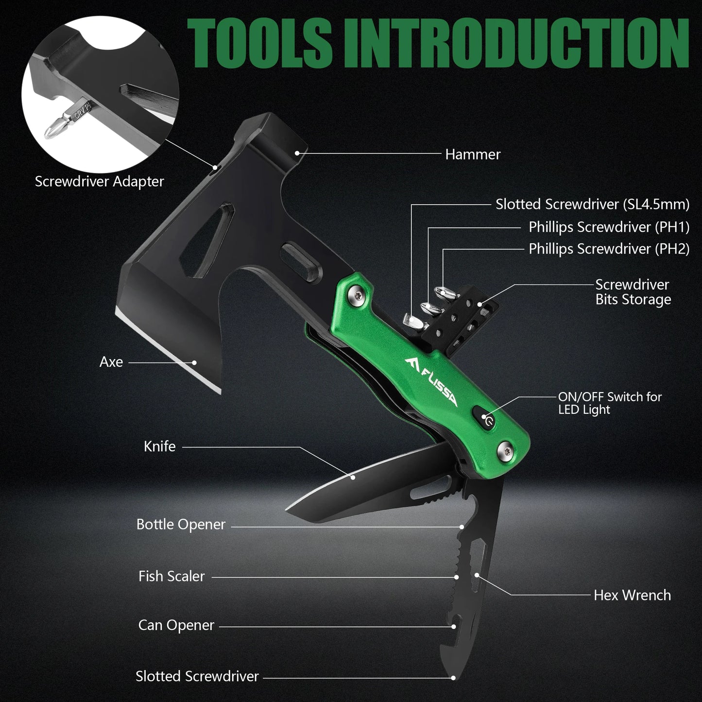 14-in-1, Hatchet Multi Tool Stainless Steel with LED Light,