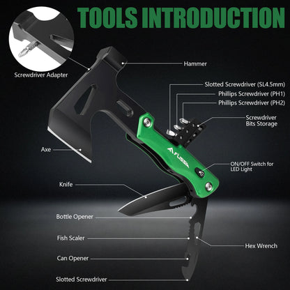 14-in-1, Hatchet Multi Tool Stainless Steel with LED Light,
