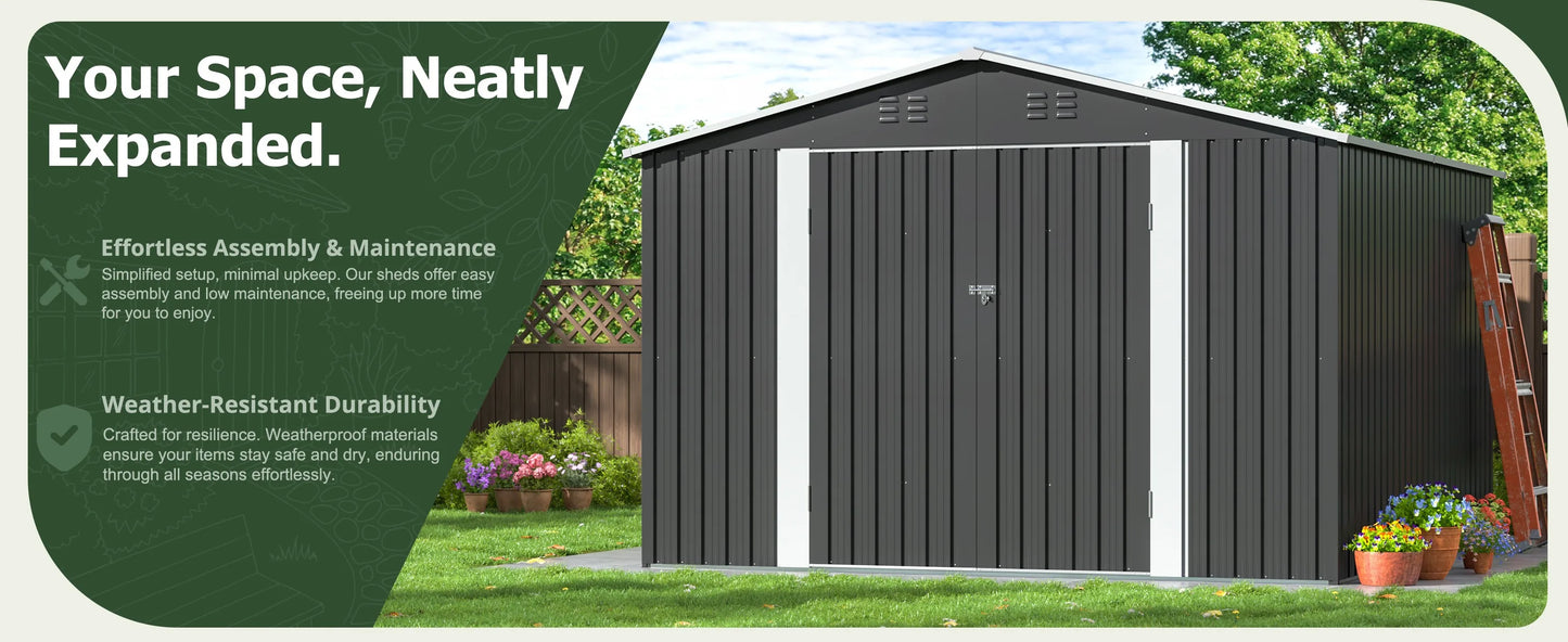 10x12/12x14FT Galvanized Steel Storage Shed Heavy Duty Lockable