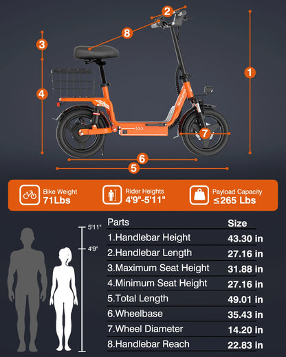 1000W Folding Electric Bike with Seat, Rear Basket