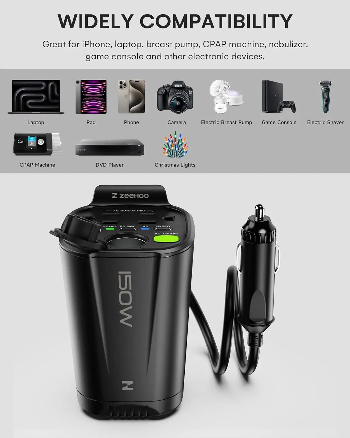 150W Car Power Inverter, 12V D/C To 110V AC  with  two AC plugs