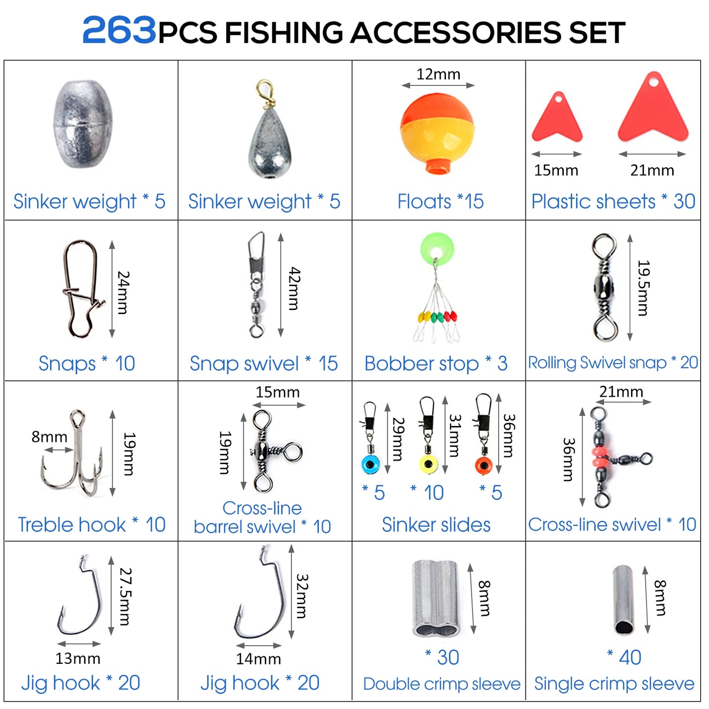 263pcs Tackle Box Including Plier Jig Hooks Sinker Weight Swivels Snaps Sinker Slides