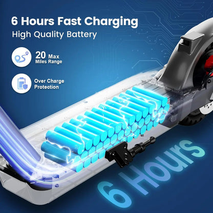 Electric Scooter: 500W motor, top speed 25MPH, range 20 miles, 8.5"" tires.