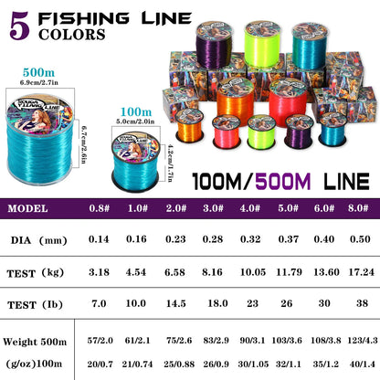 100m 500m Nylon Fishing Line  Super Strong Monofilament for salt or fresh water