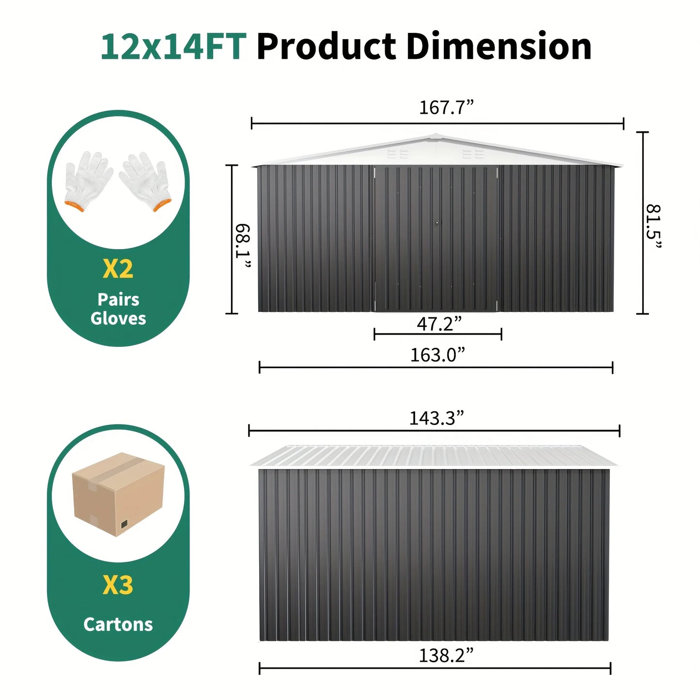10x12/12x14FT Galvanized Steel Storage Shed Heavy Duty Lockable