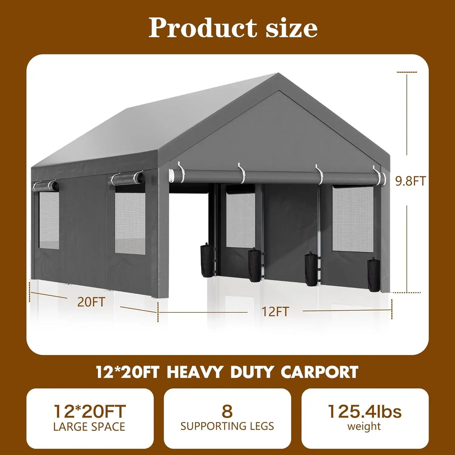 12x20 ft Heavy Duty Carport with Roll-up Windows,
