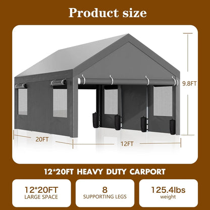 12x20 ft Heavy Duty Carport with Roll-up Windows,