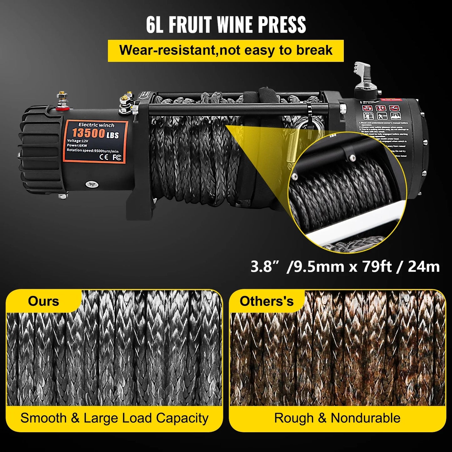 13500LBS Electric Winch 12v 27M/92FT Synthetic Rope  4X4 Car Trailer ATV Truck