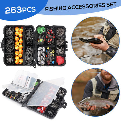 263pcs Tackle Box Including Plier Jig Hooks Sinker Weight Swivels Snaps Sinker Slides